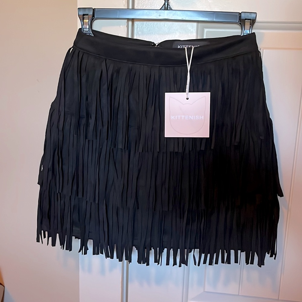 Kittenish black fringe mini skirt